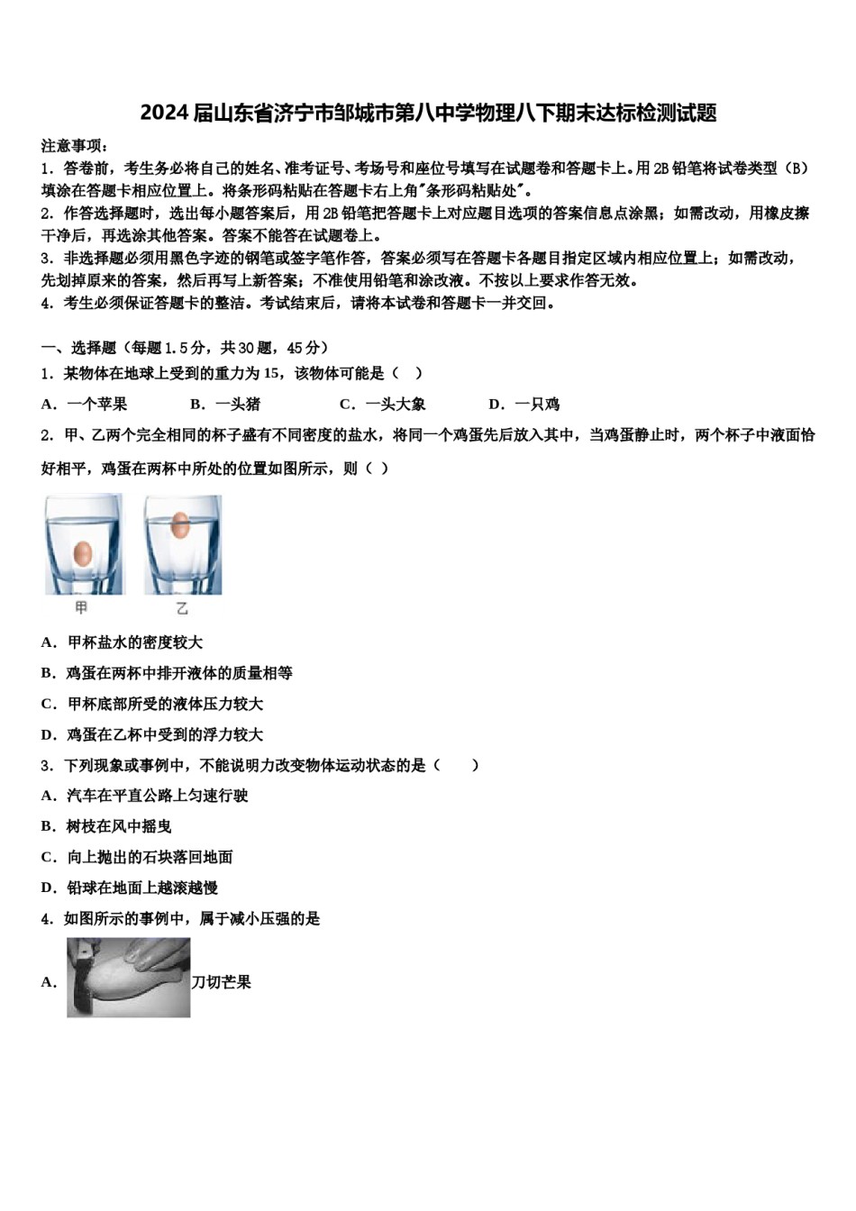 2024届山东省济宁市邹城市第八中学物理八下期末达标检测试题含解析.doc_第1页
