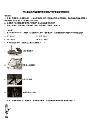 2024届山东省潍坊市寒亭八下物理期末预测试题含解析.doc