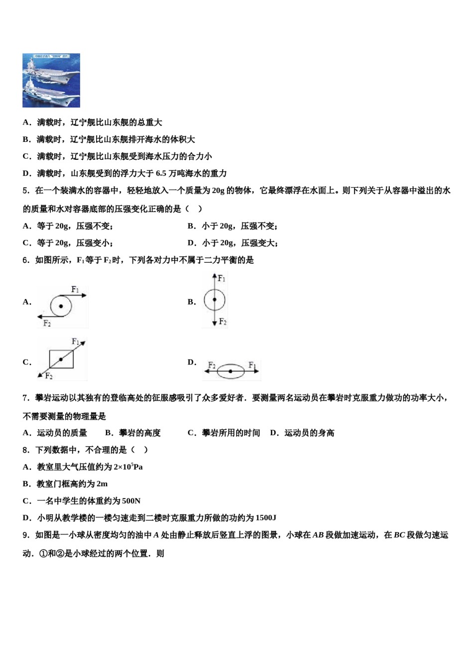 2024届山东省潍坊市诸城市物理八下期末联考试题含解析.doc_第2页