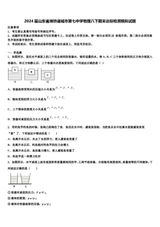 2024届山东省潍坊诸城市第七中学物理八下期末达标检测模拟试题含解析.doc