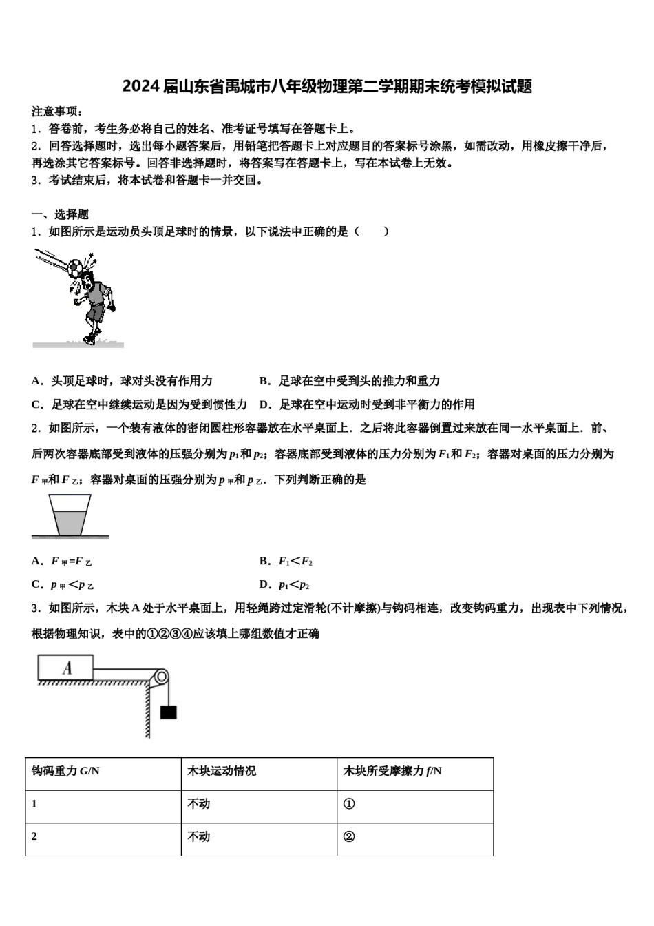 2024届山东省禹城市八年级物理第二学期期末统考模拟试题含解析.doc_第1页