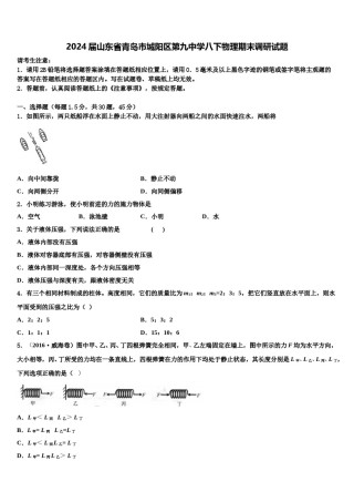 2024届山东省青岛市城阳区第九中学八下物理期末调研试题含解析.doc