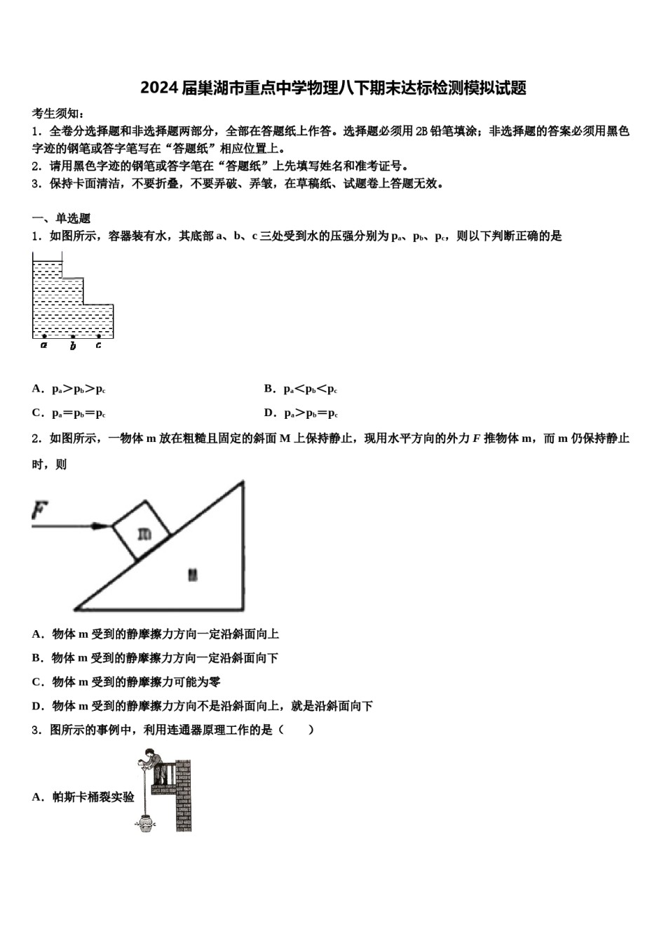 2024届巢湖市重点中学物理八下期末达标检测模拟试题含解析.doc_第1页
