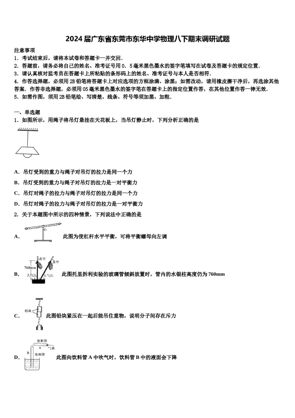 2024届广东省东莞市东华中学物理八下期末调研试题含解析.doc_第1页