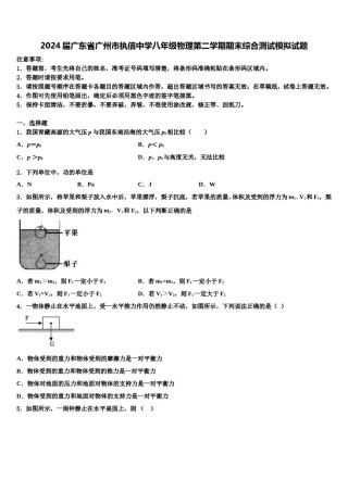 2024届广东省广州市执信中学八年级物理第二学期期末综合测试模拟试题含解析.doc