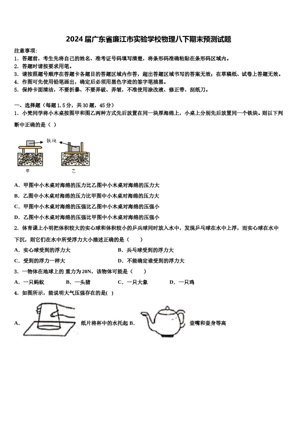2024届广东省廉江市实验学校物理八下期末预测试题含解析.doc_第1页