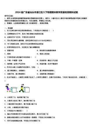 2024届广东省汕头市濠江区八下物理期末教学质量检测模拟试题含解析.doc