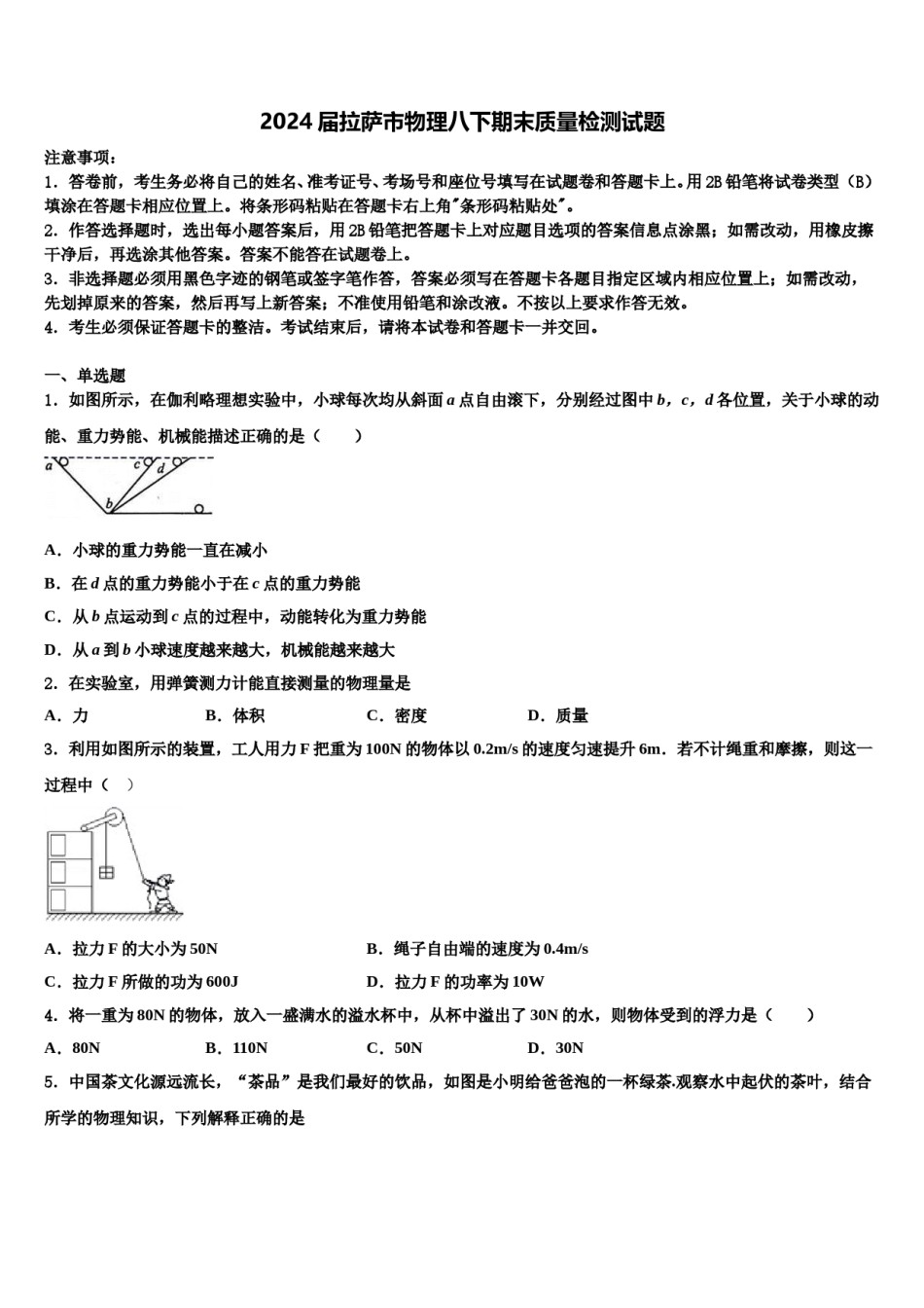 2024届拉萨市物理八下期末质量检测试题含解析.doc_第1页