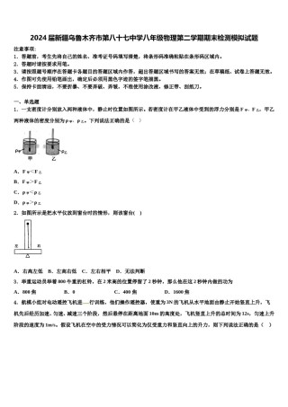 2024届新疆乌鲁木齐市第八十七中学八年级物理第二学期期末检测模拟试题含解析.doc