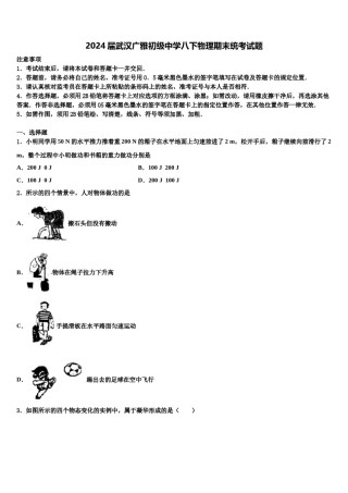 2024届武汉广雅初级中学八下物理期末统考试题含解析.doc