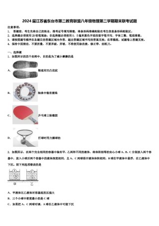 2024届江苏省东台市第二教育联盟八年级物理第二学期期末联考试题含解析.doc