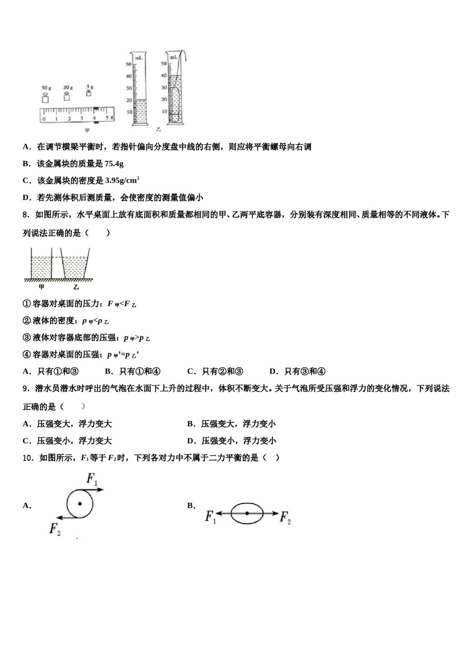 2024届江苏省徐州市西苑中学物理八下期末考试试题含解析.doc_第3页