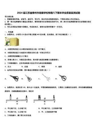 2024届江苏省泰州市青藤学校物理八下期末学业质量监测试题含解析.doc