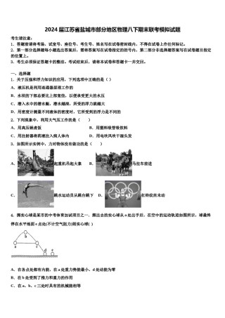 2024届江苏省盐城市部分地区物理八下期末联考模拟试题含解析.doc