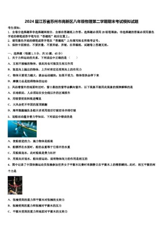 2024届江苏省苏州市高新区八年级物理第二学期期末考试模拟试题含解析.doc