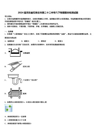 2024届河北省石家庄市第二十二中学八下物理期末检测试题含解析.doc