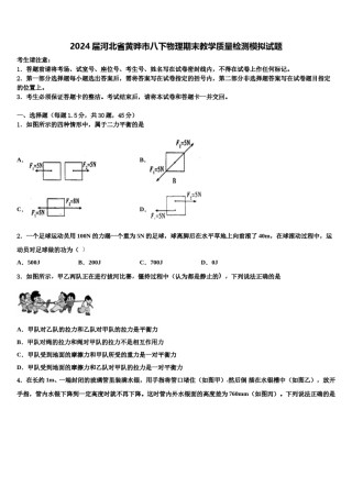 2024届河北省黄骅市八下物理期末教学质量检测模拟试题含解析.doc