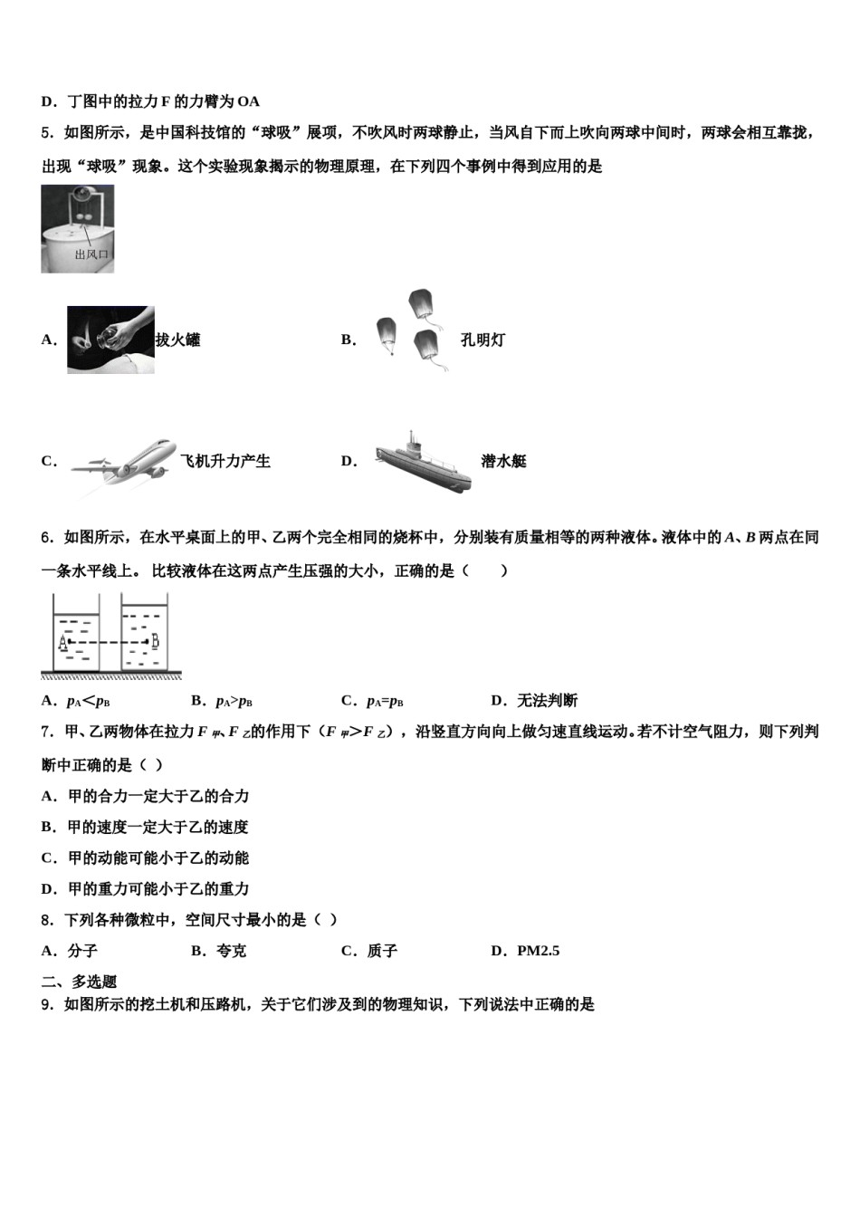 2024届河南省驻马店市上蔡一中学八下物理期末学业质量监测试题含解析.doc_第2页