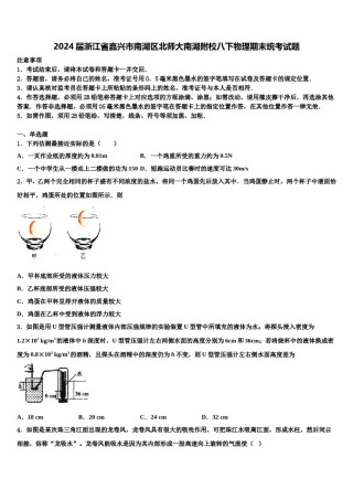 2024届浙江省嘉兴市南湖区北师大南湖附校八下物理期末统考试题含解析.doc