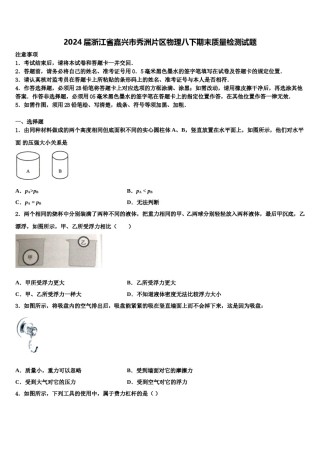 2024届浙江省嘉兴市秀洲片区物理八下期末质量检测试题含解析.doc