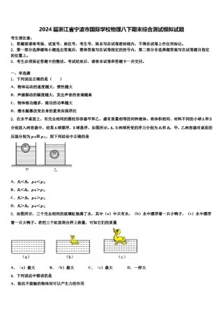 2024届浙江省宁波市国际学校物理八下期末综合测试模拟试题含解析.doc
