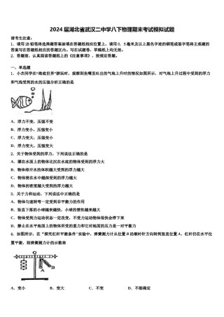 2024届湖北省武汉二中学八下物理期末考试模拟试题含解析.doc