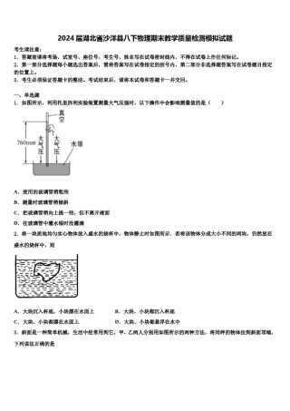 2024届湖北省沙洋县八下物理期末教学质量检测模拟试题含解析.doc