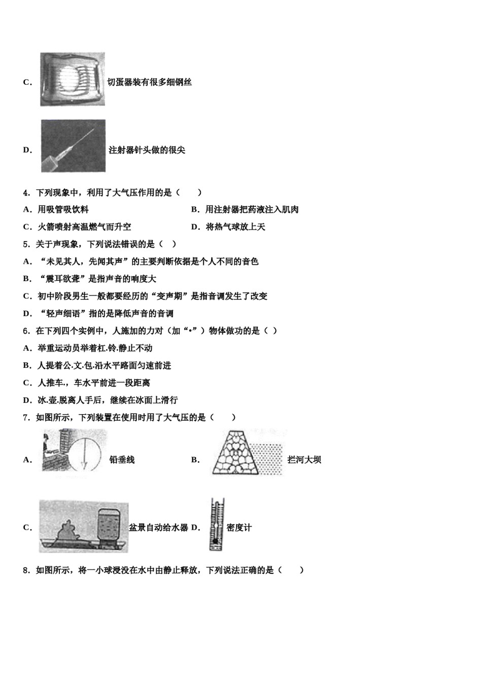 2024届湖北省舞阳中学物理八下期末学业水平测试试题含解析.doc_第2页