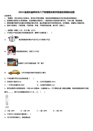 2024届湖北省荆州市八下物理期末教学质量检测模拟试题含解析.doc