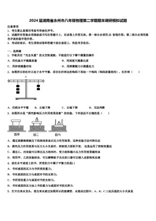 2024届湖南省永州市八年级物理第二学期期末调研模拟试题含解析.doc