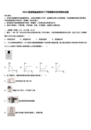 2024届湖南省益阳市八下物理期末统考模拟试题含解析.doc
