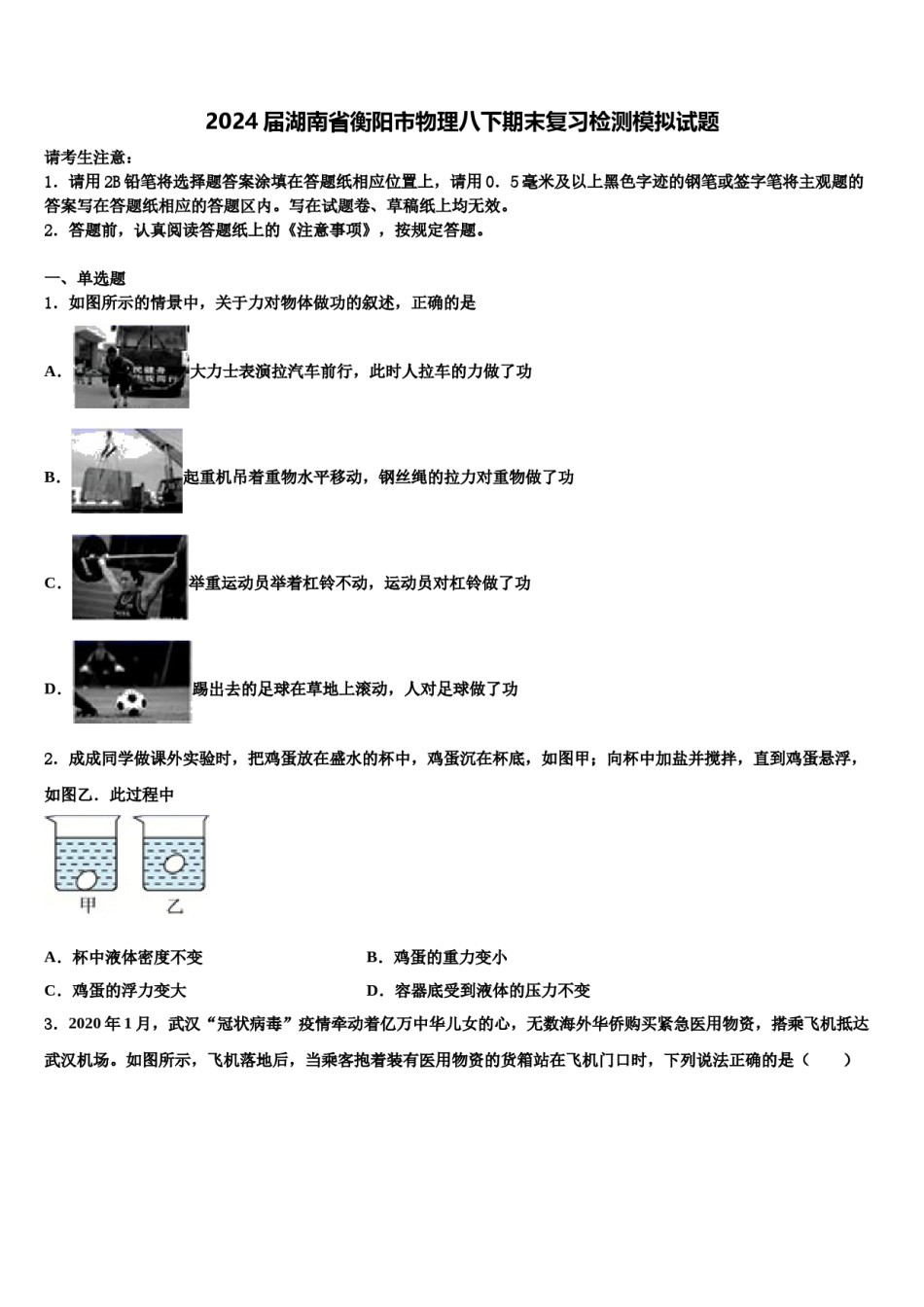 2024届湖南省衡阳市物理八下期末复习检测模拟试题含解析.doc_第1页