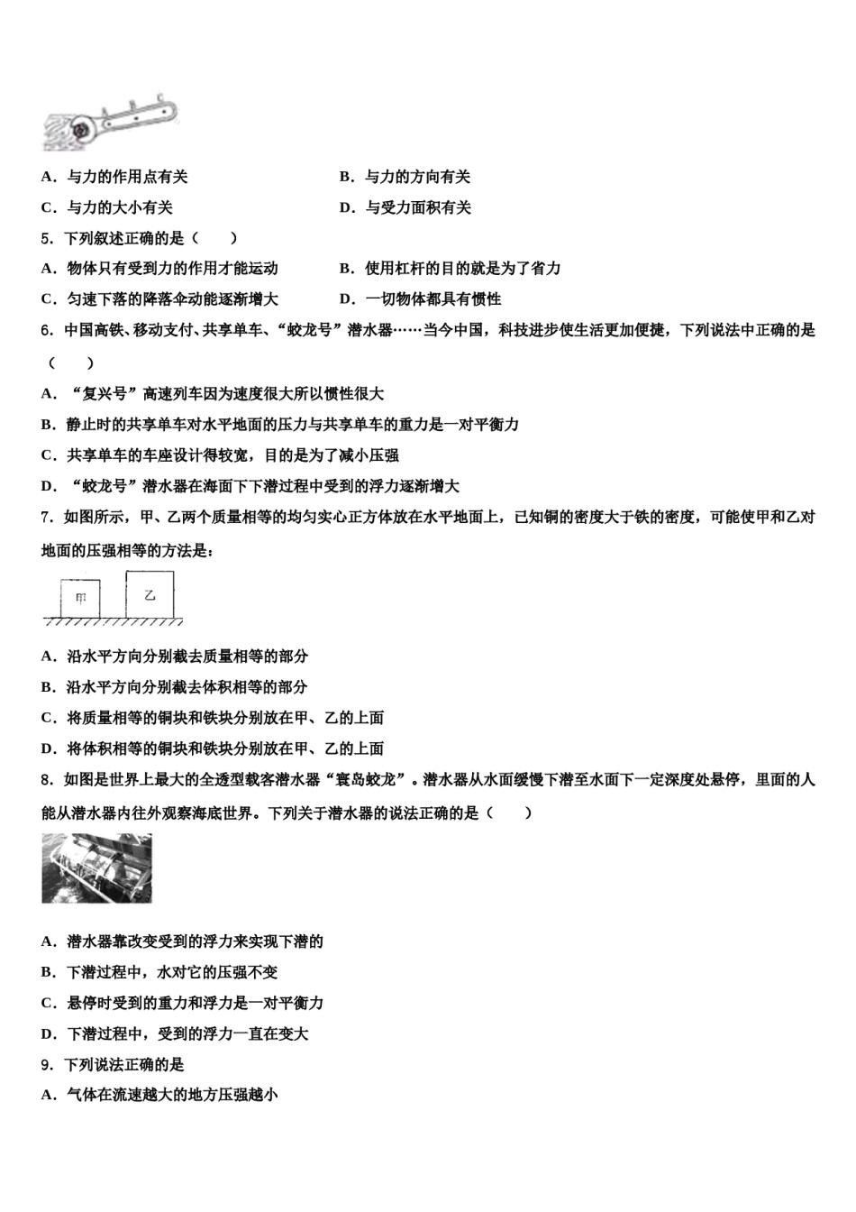 2024届湖南省长沙市师大附中教育集团第十物理八下期末质量检测试题含解析.doc_第2页
