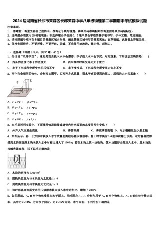 2024届湖南省长沙市芙蓉区长郡芙蓉中学八年级物理第二学期期末考试模拟试题含解析.doc