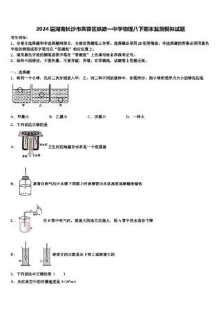2024届湖南长沙市芙蓉区铁路一中学物理八下期末监测模拟试题含解析.doc