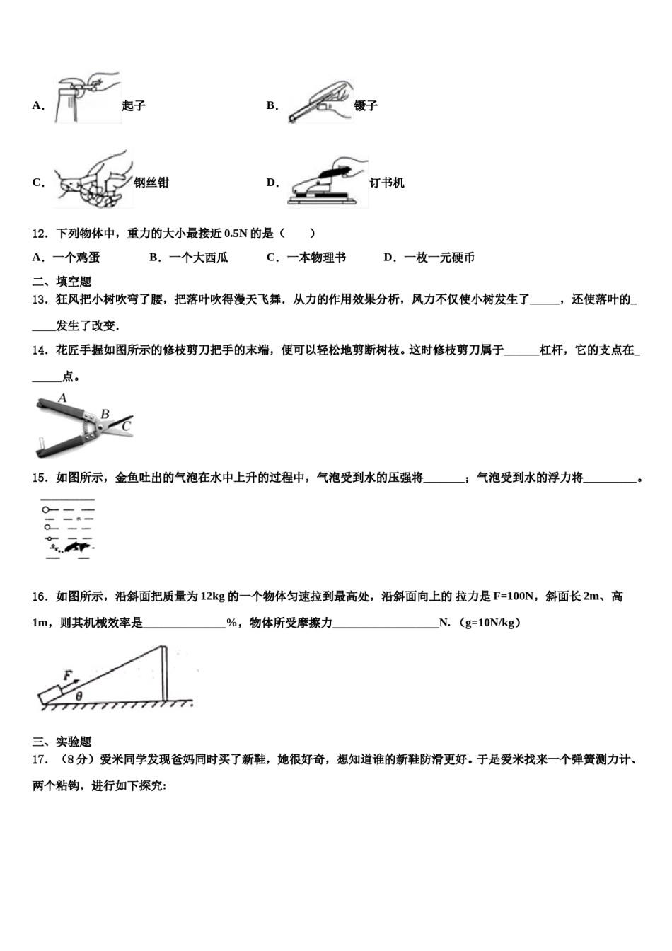 2024届甘肃省张掖市甘州区张掖市甘州区南关学校物理八下期末综合测试试题含解析.doc_第3页