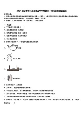 2024届甘肃省民乐县第二中学物理八下期末综合测试试题含解析.doc