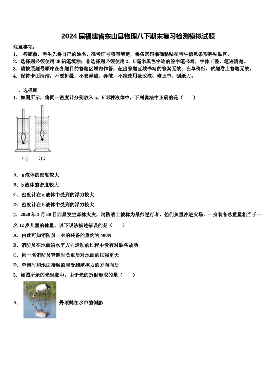 2024届福建省东山县物理八下期末复习检测模拟试题含解析.doc_第1页