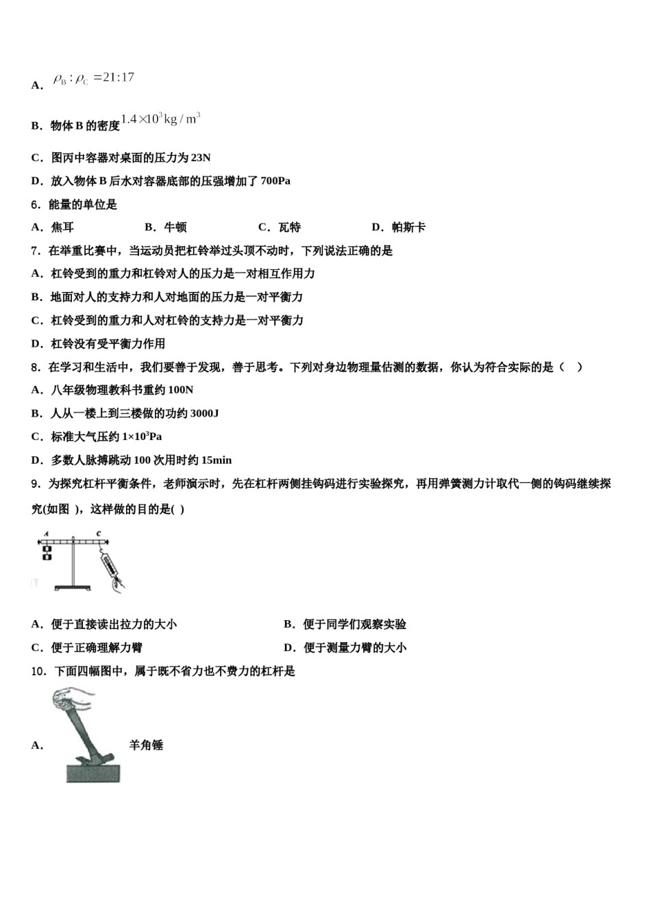2024届福建省莆田一中学八下物理期末达标检测试题含解析.doc_第3页