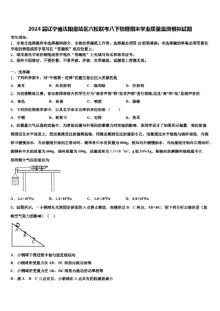 2024届辽宁省沈阳皇姑区六校联考八下物理期末学业质量监测模拟试题含解析.doc