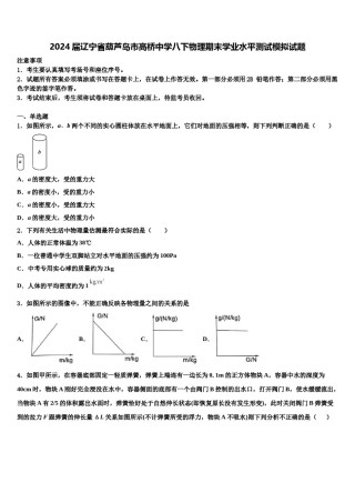 2024届辽宁省葫芦岛市高桥中学八下物理期末学业水平测试模拟试题含解析.doc