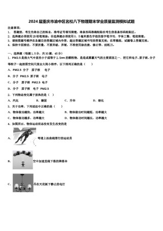 2024届重庆市渝中区名校八下物理期末学业质量监测模拟试题含解析.doc