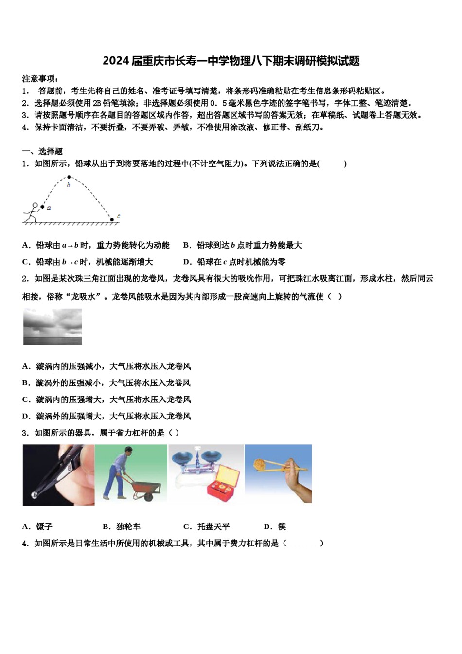 2024届重庆市长寿一中学物理八下期末调研模拟试题含解析.doc_第1页