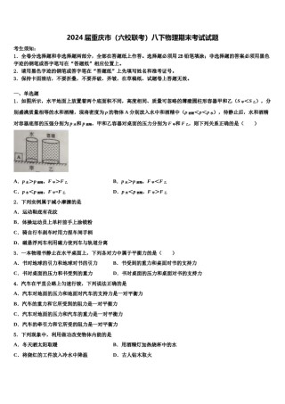 2024届重庆市（六校联考）八下物理期末考试试题含解析.doc