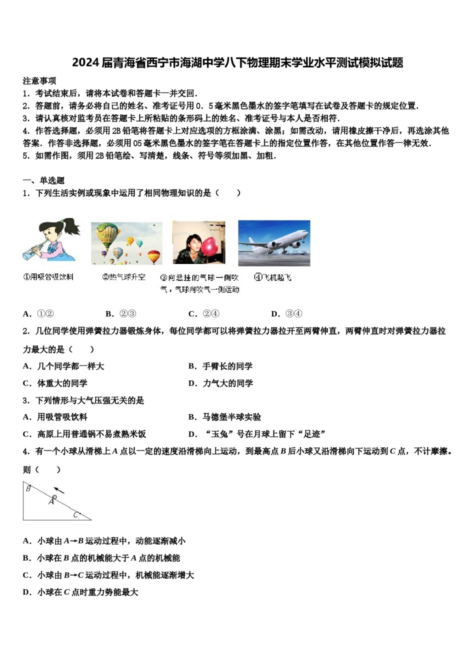 2024届青海省西宁市海湖中学八下物理期末学业水平测试模拟试题含解析.doc_第1页
