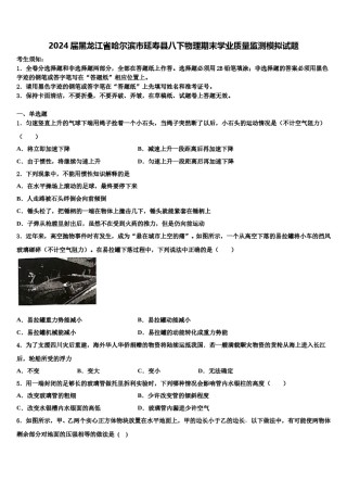 2024届黑龙江省哈尔滨市延寿县八下物理期末学业质量监测模拟试题含解析.doc