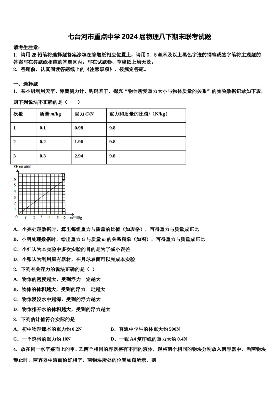 七台河市重点中学2024届物理八下期末联考试题含解析.doc_第1页