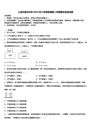 上海市重点中学2024年八年级物理第二学期期末监测试题含解析.doc