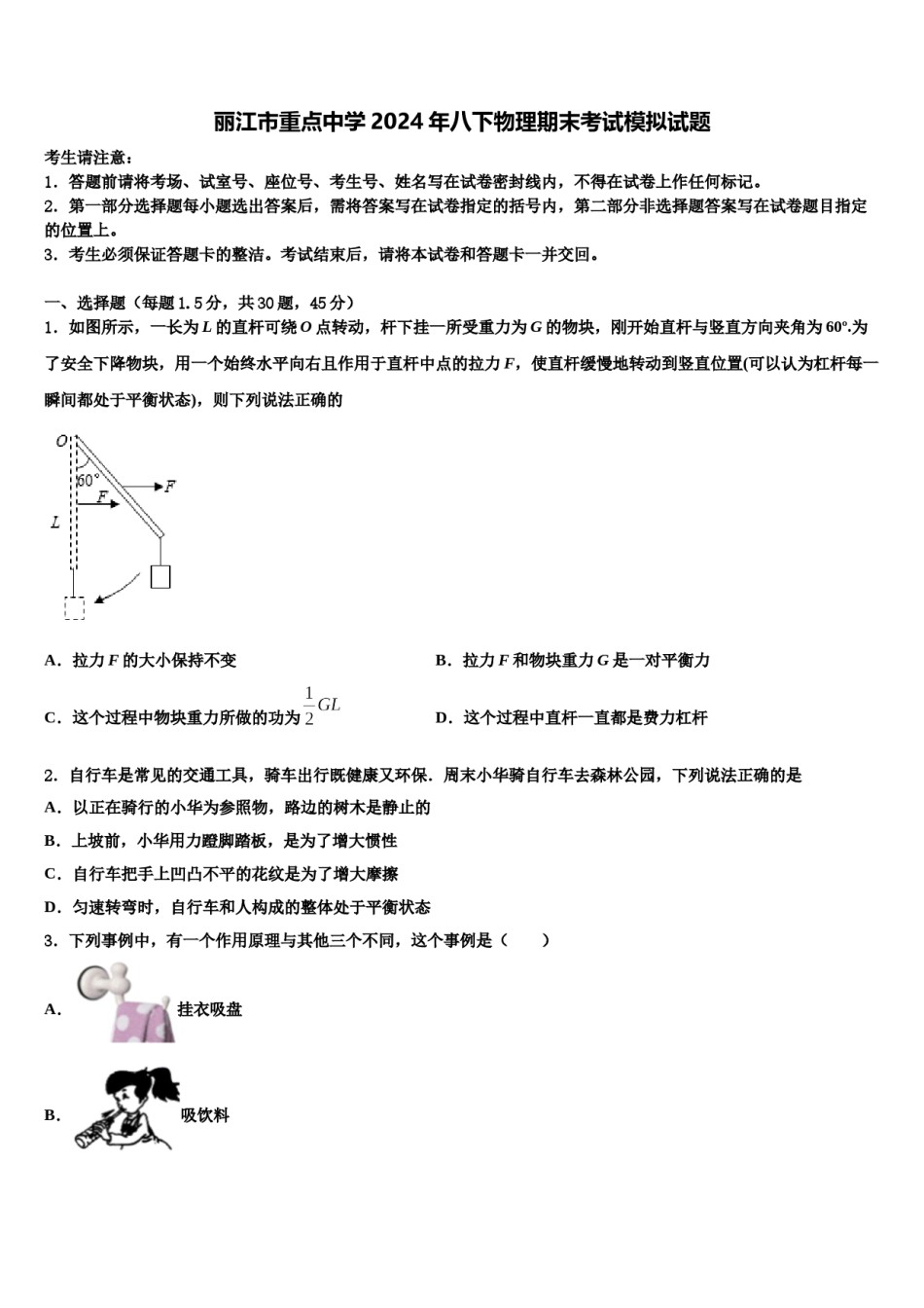 丽江市重点中学2024年八下物理期末考试模拟试题含解析.doc_第1页