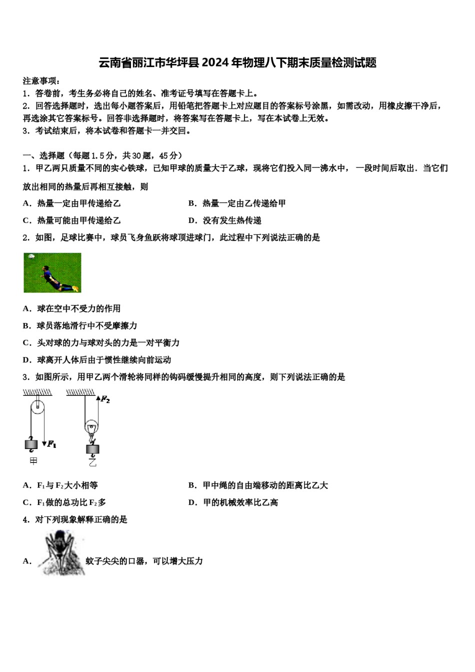 云南省丽江市华坪县2024年物理八下期末质量检测试题含解析.doc_第1页